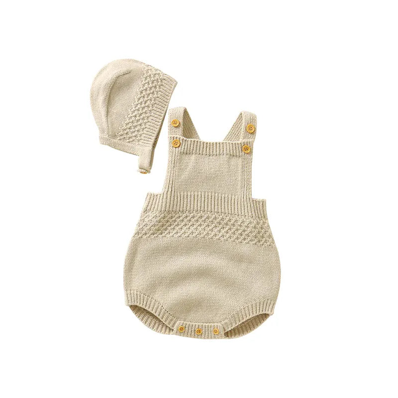 Beige / 0-3M Baby Unisex Solid Knit Sleeveless Bodysuit & Hat 2-Piece Set