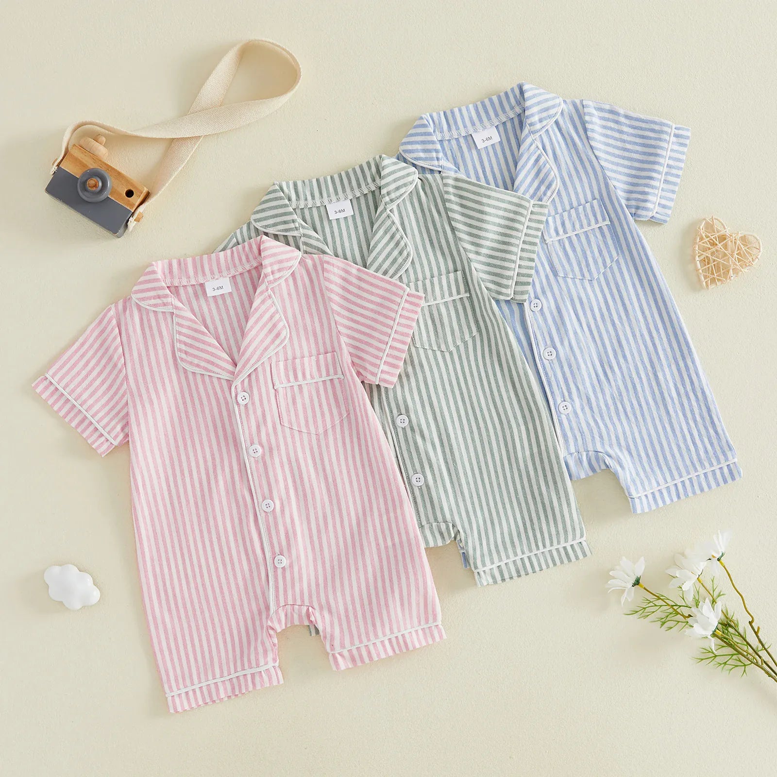 Baby Unisex Striped Button-Up Short Sleeve Pajamas Romper Sleepwear
