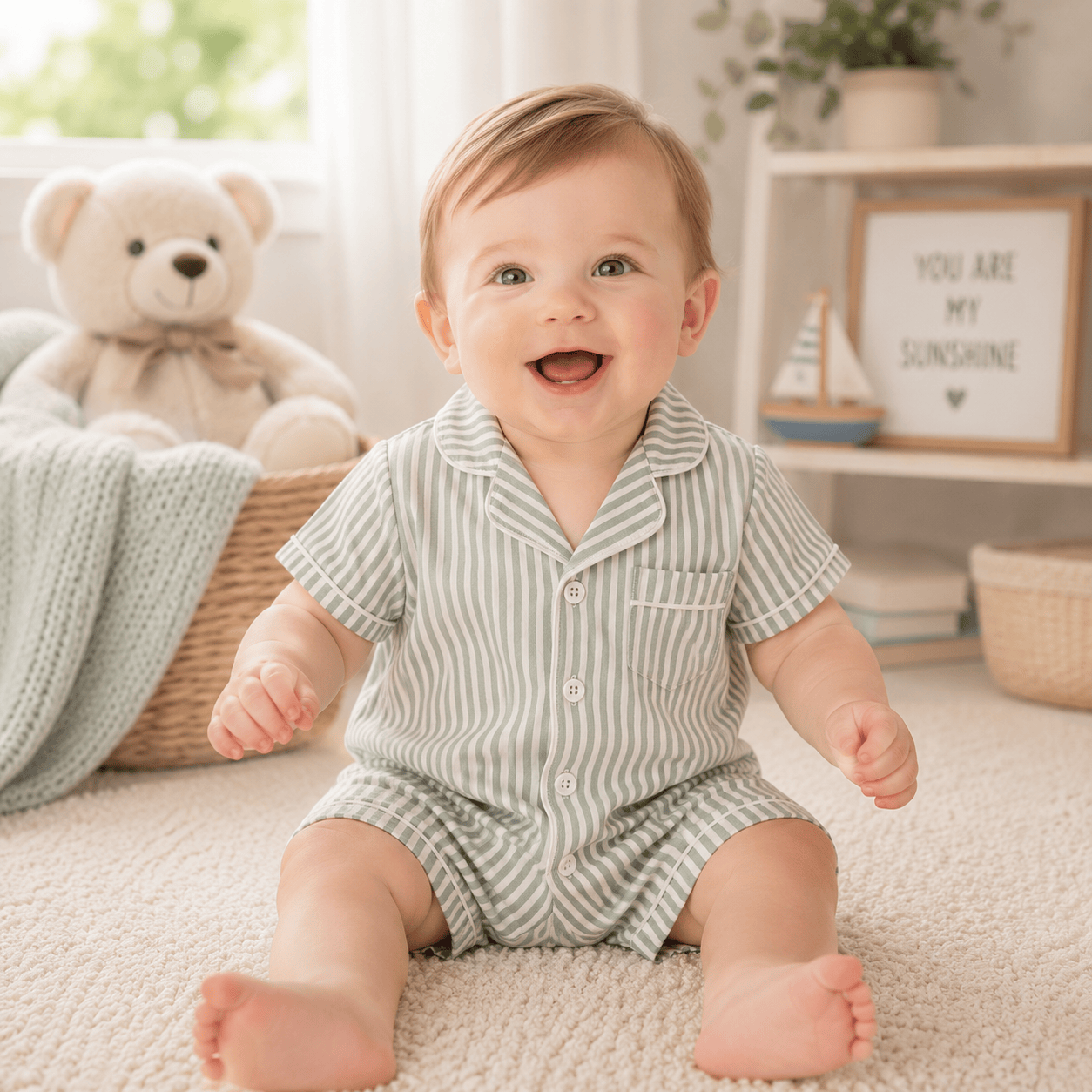 Baby Unisex Striped Button-Up Short Sleeve Pajamas Romper Sleepwear