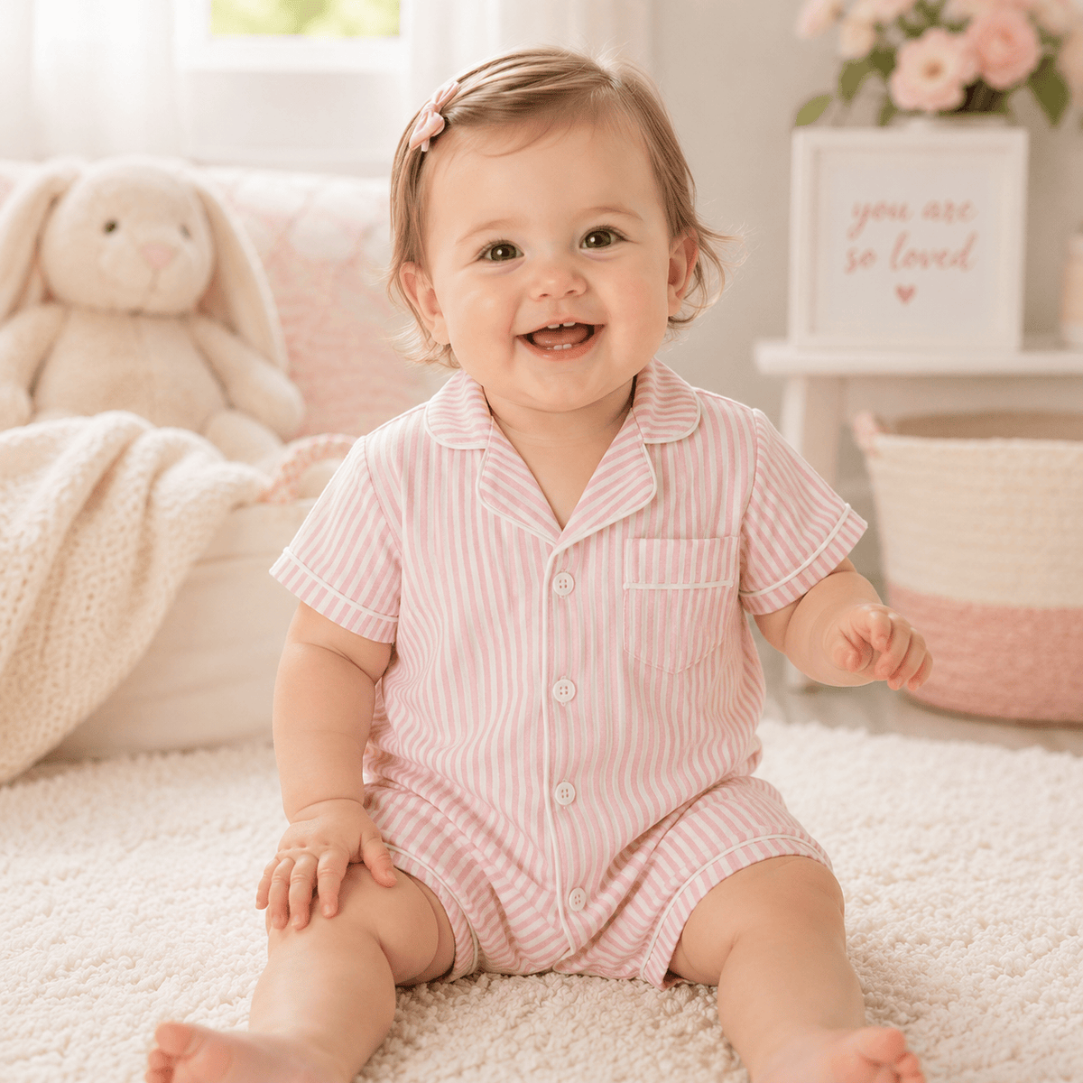 Baby Unisex Striped Button-Up Short Sleeve Pajamas Romper Sleepwear