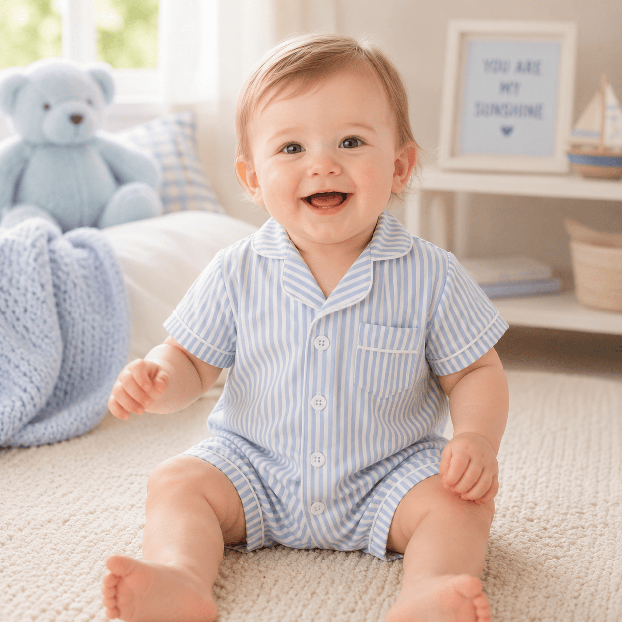 Baby Unisex Striped Button-Up Short Sleeve Pajamas Romper Sleepwear