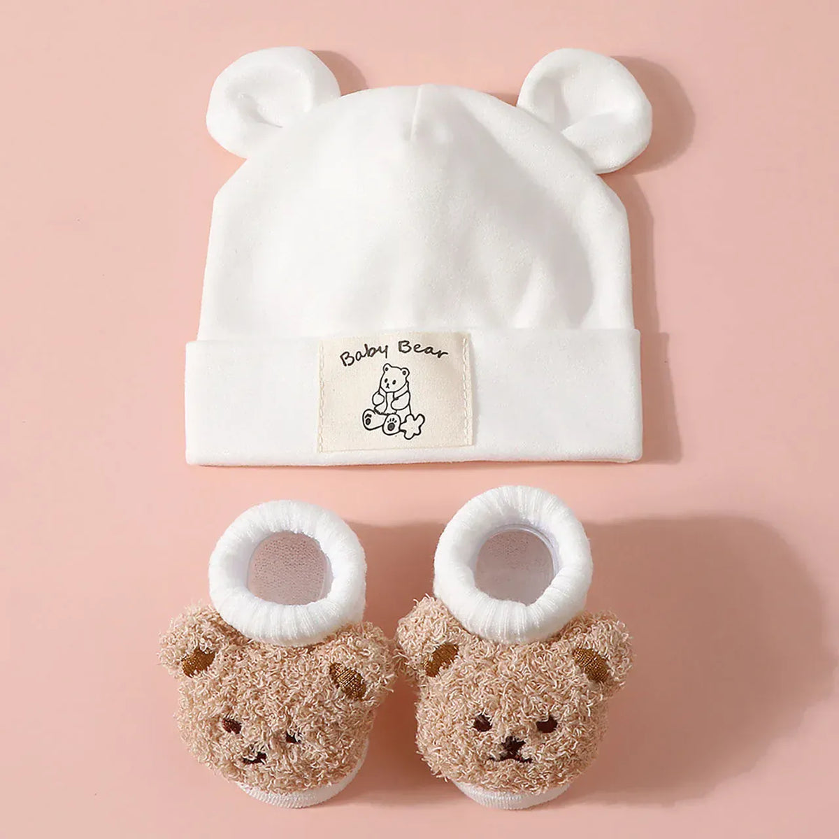 White / 0-1T Bear Ear Beanie &amp; Knit Sock Set