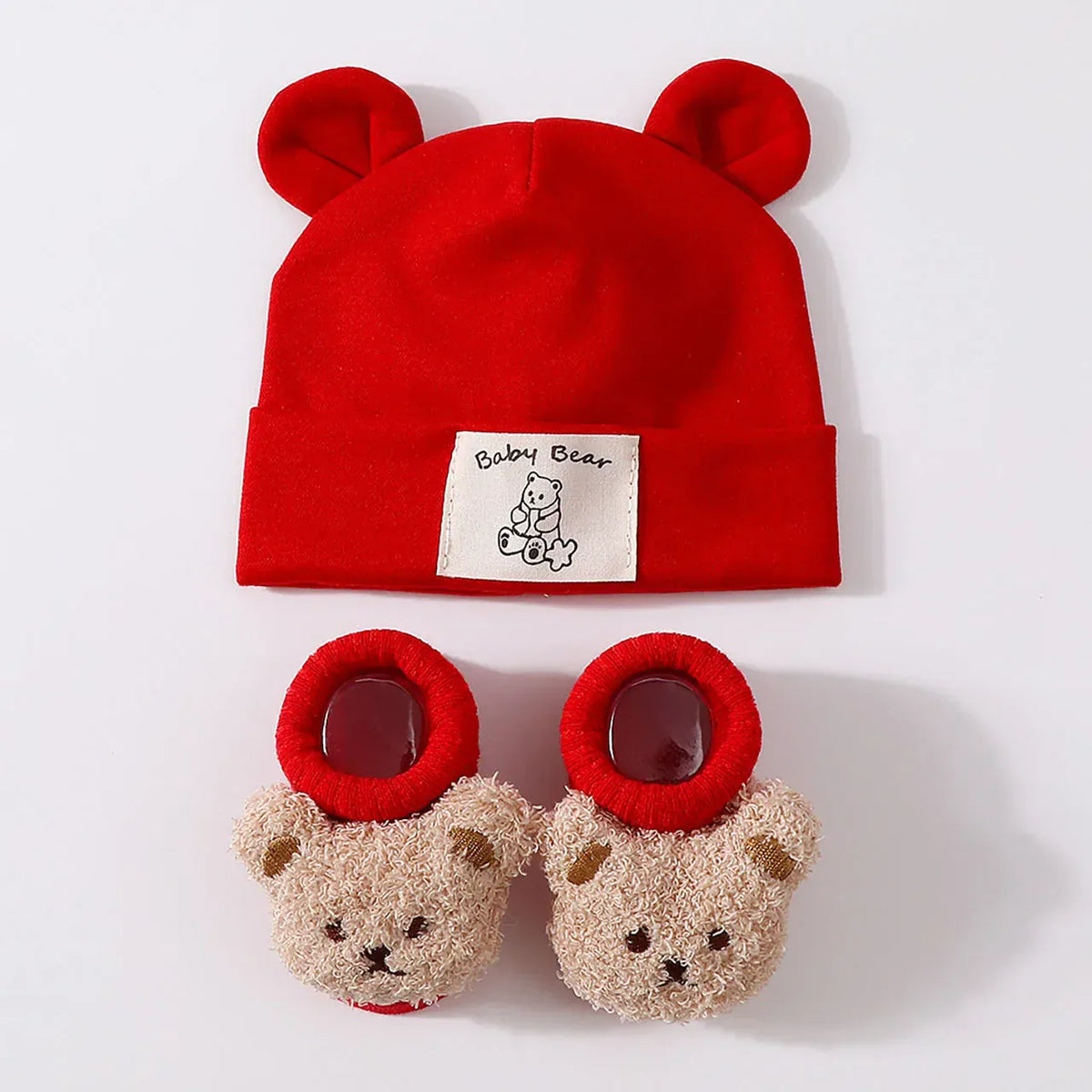 Red / 0-1T Bear Ear Beanie &amp; Knit Sock Set