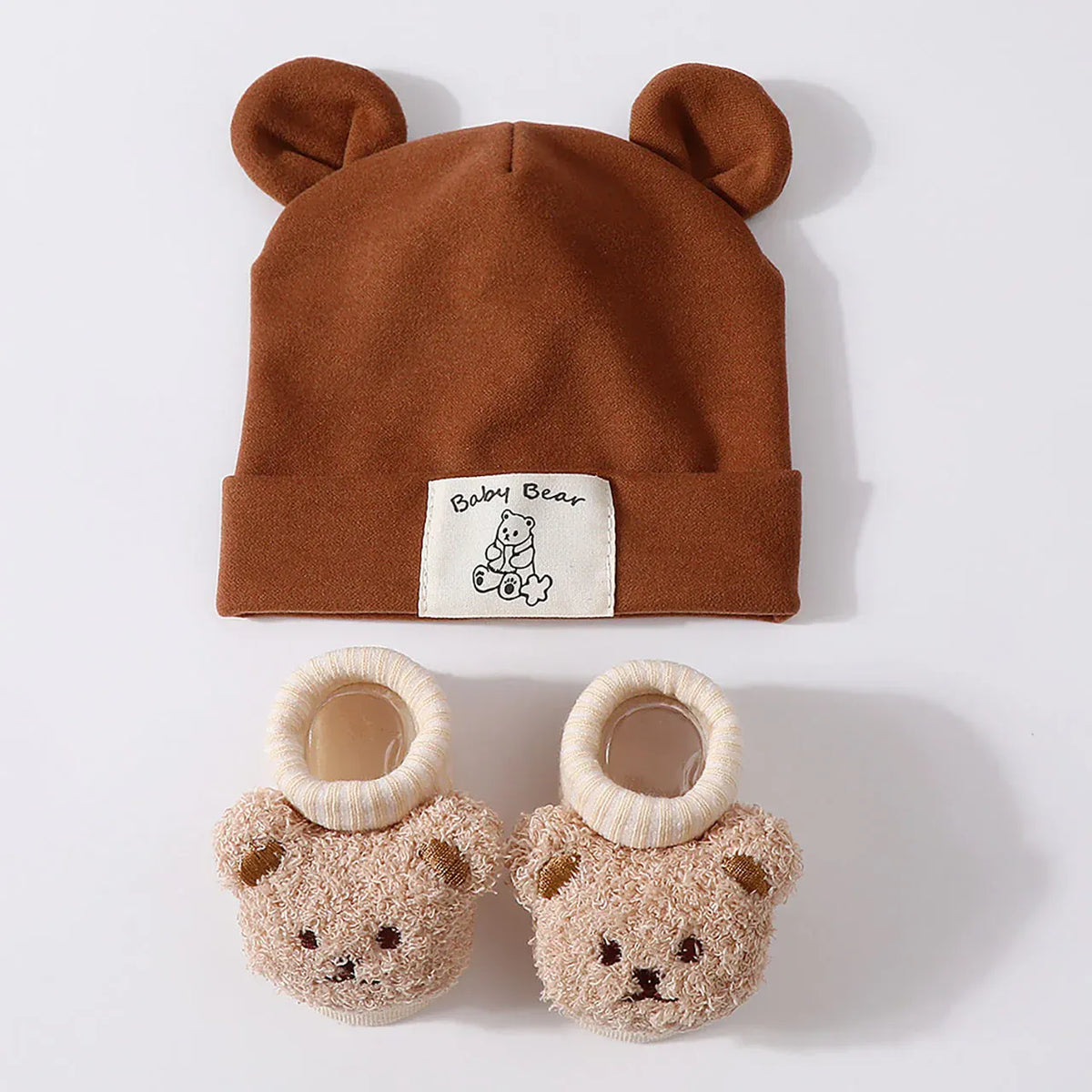 Coffee / 0-1T Bear Ear Beanie &amp; Knit Sock Set