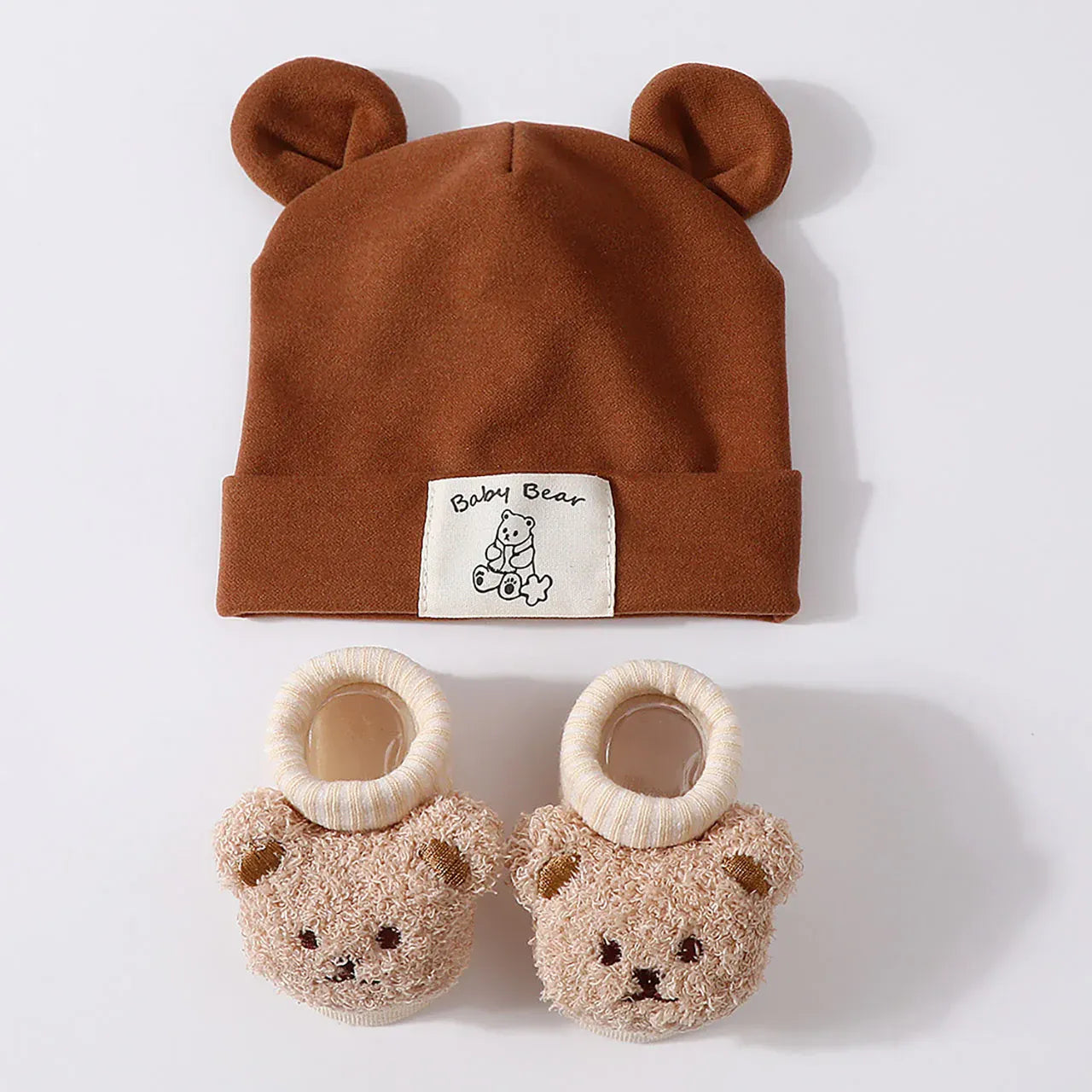 Coffee / 0-1T Bear Ear Beanie & Knit Sock Set