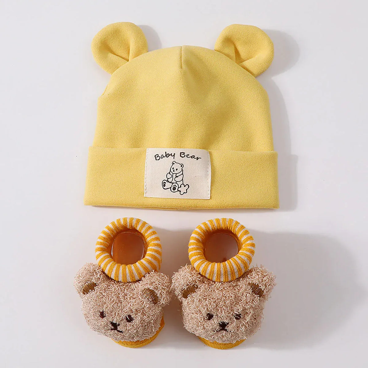 Yellow / 0-1T Bear Ear Beanie &amp; Knit Sock Set