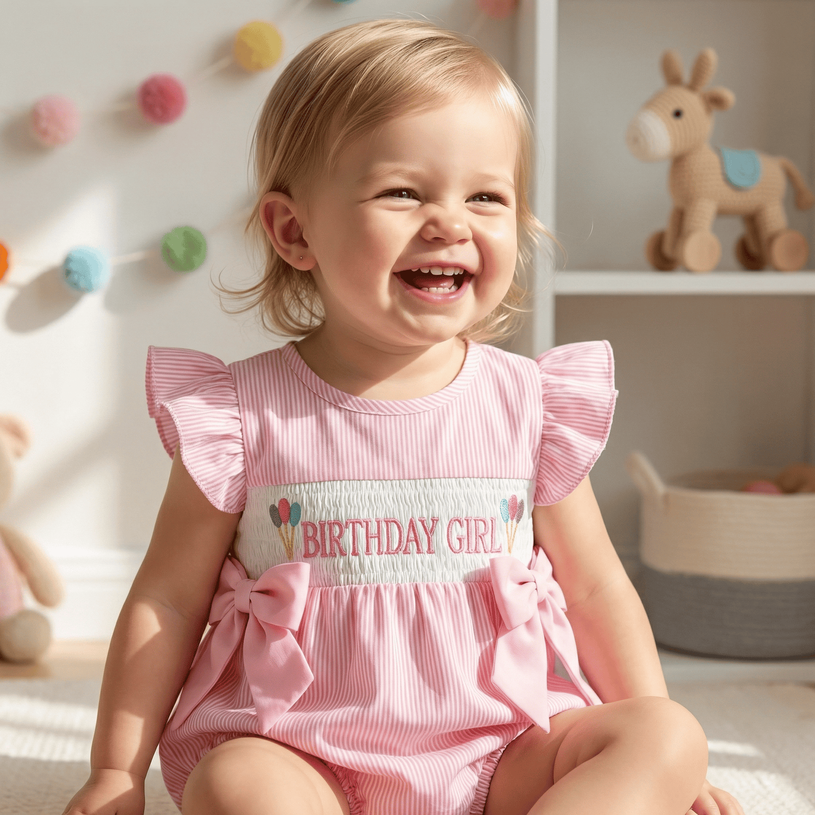 Birthday Girl Embroidered Fly Sleeve Romper