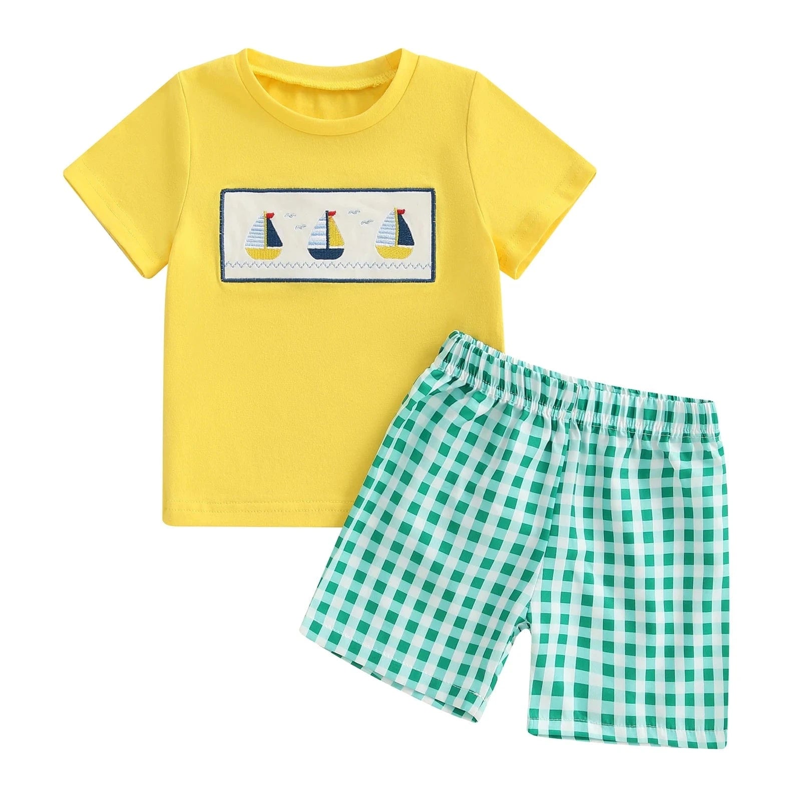 Green Sailboat Set / 0-6M / United States Boat Print T-Shirt and Plaid Shorts Set