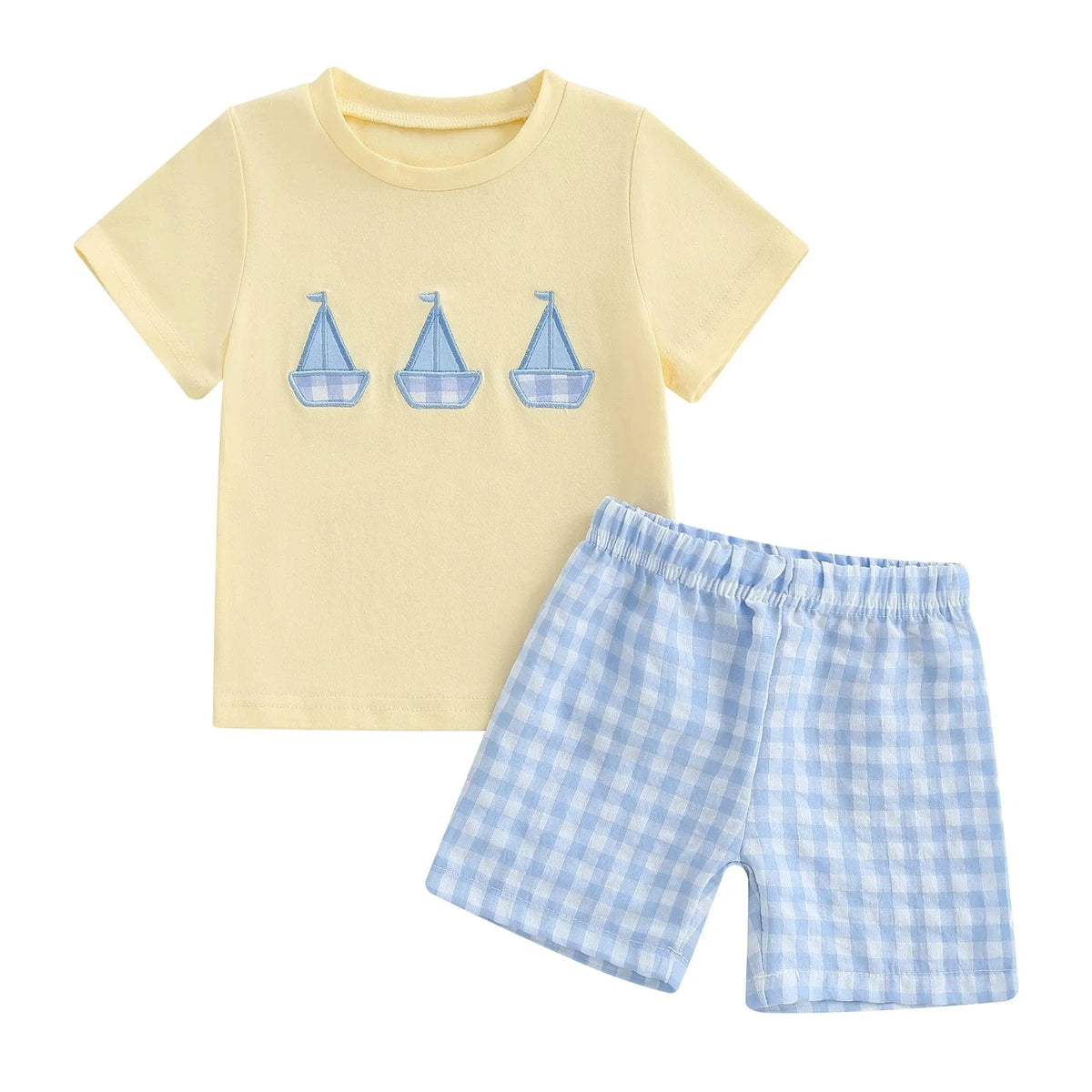 Blue Sailboat Set / 0-6M / United States Boat Print T-Shirt and Plaid Shorts Set