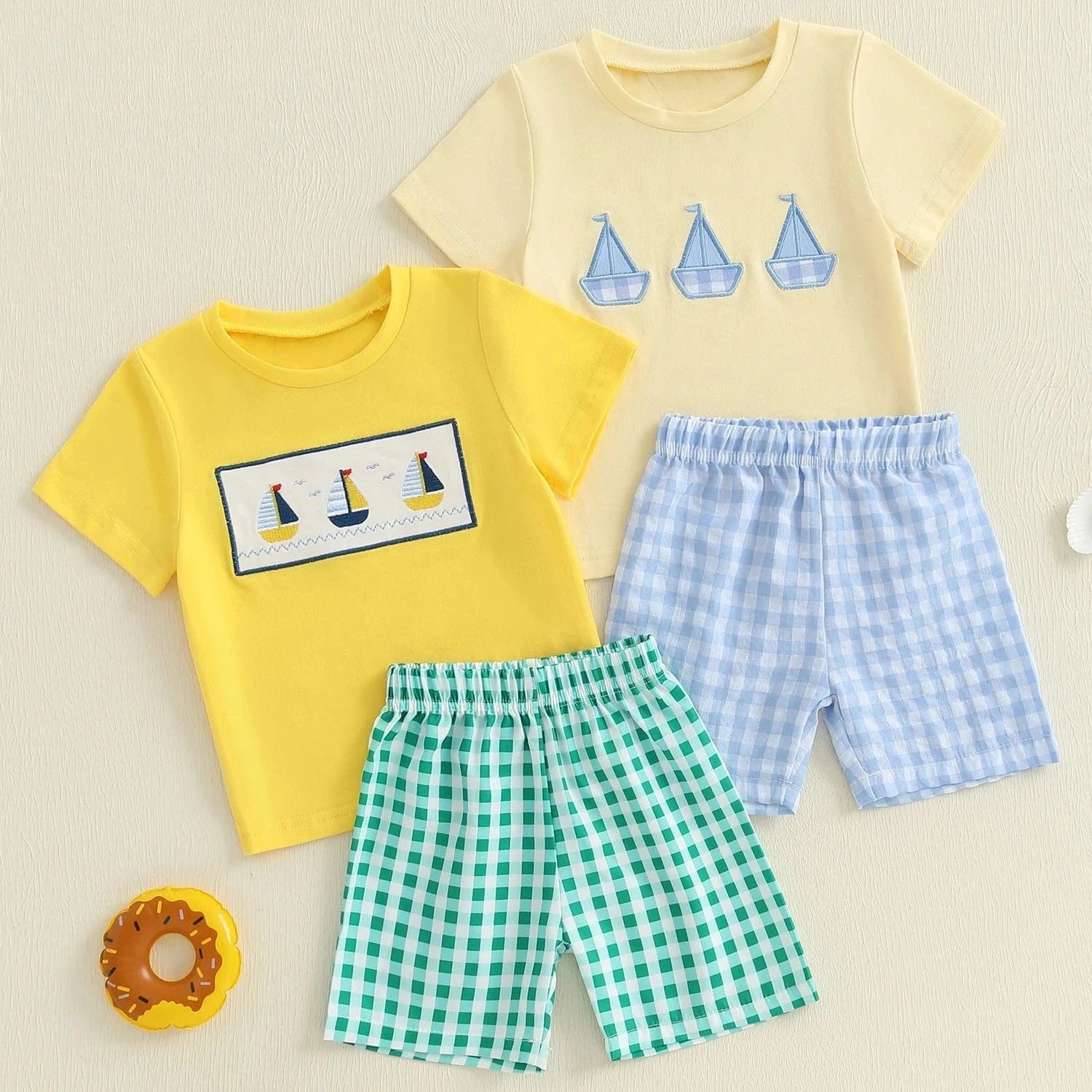 Boat Print T-Shirt and Plaid Shorts Set