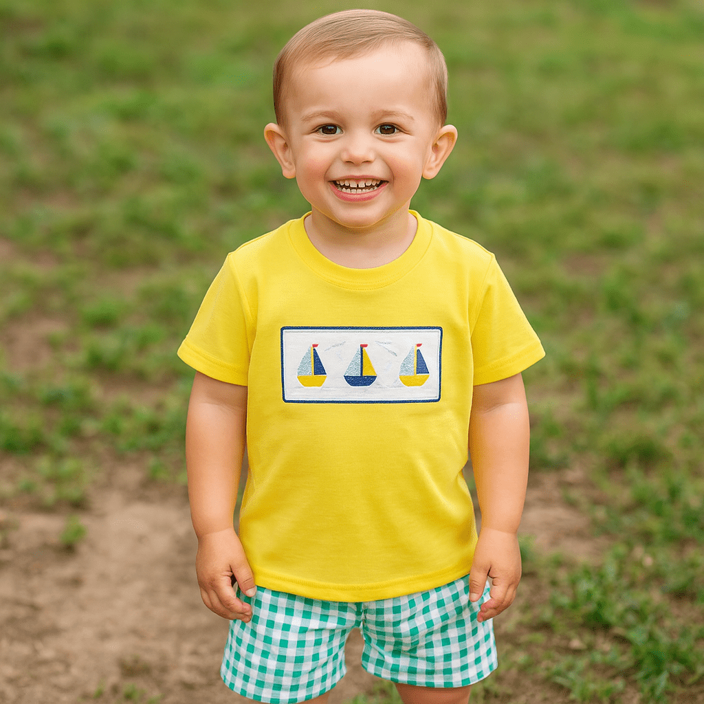 Boat Print T-Shirt and Plaid Shorts Set