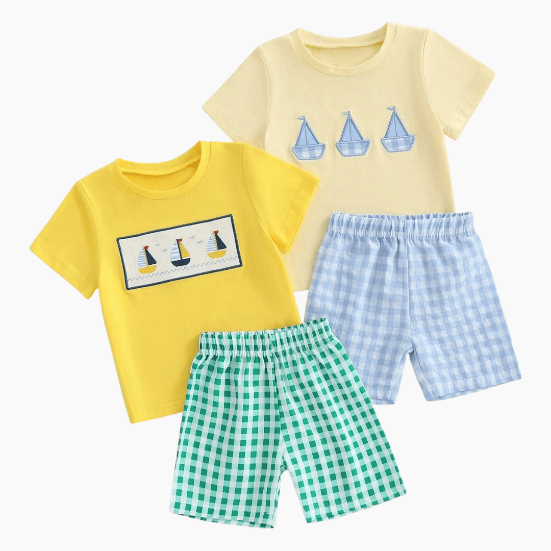 Boat Print T-Shirt and Plaid Shorts Set
