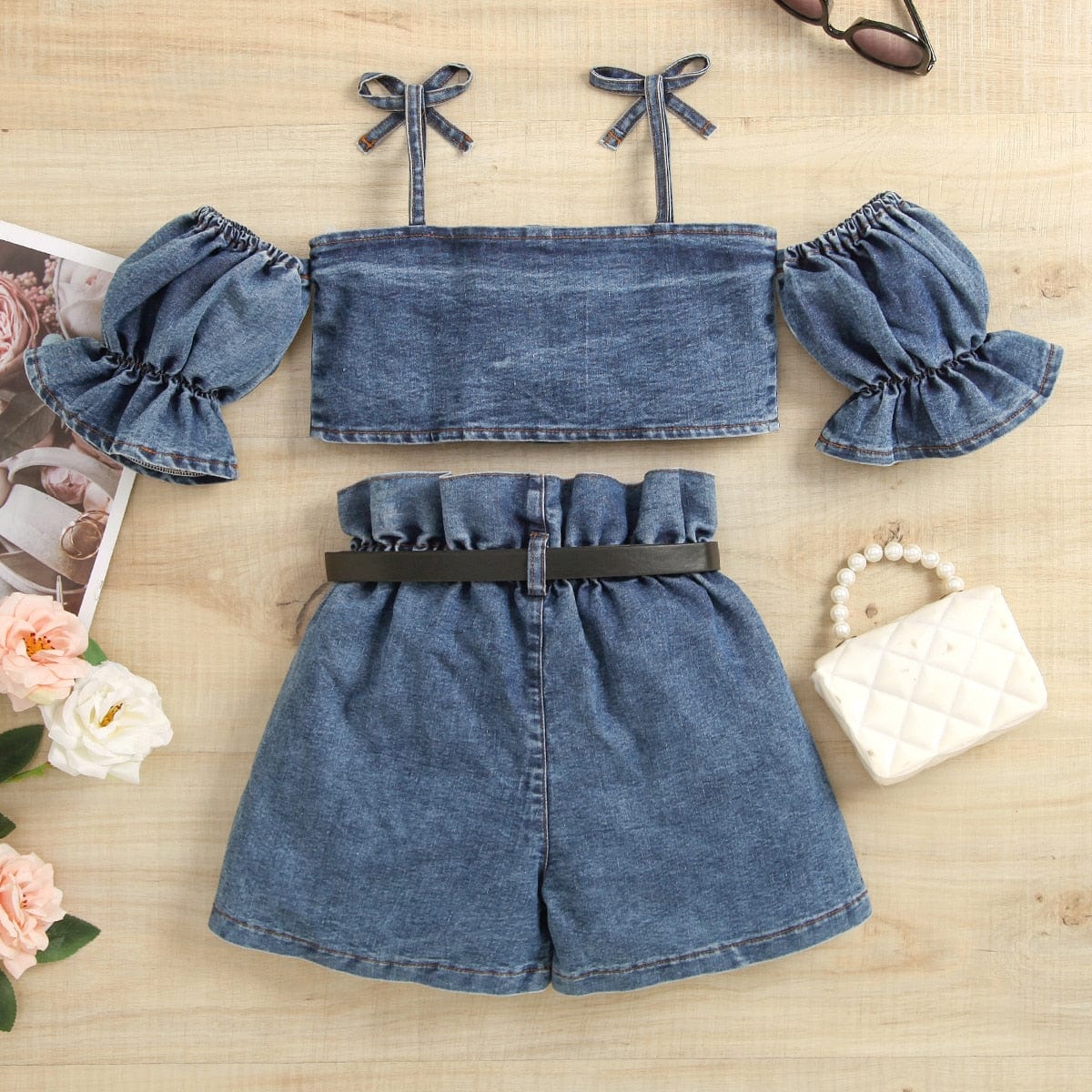 Bow Top With Ruffled Floral Denim