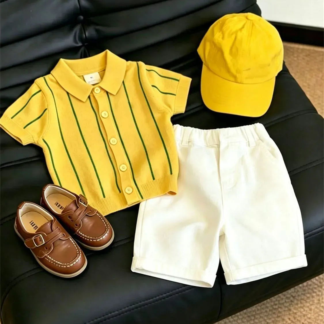 Boys Ice Silk Knit Striped Top & Shorts 2-Piece Set