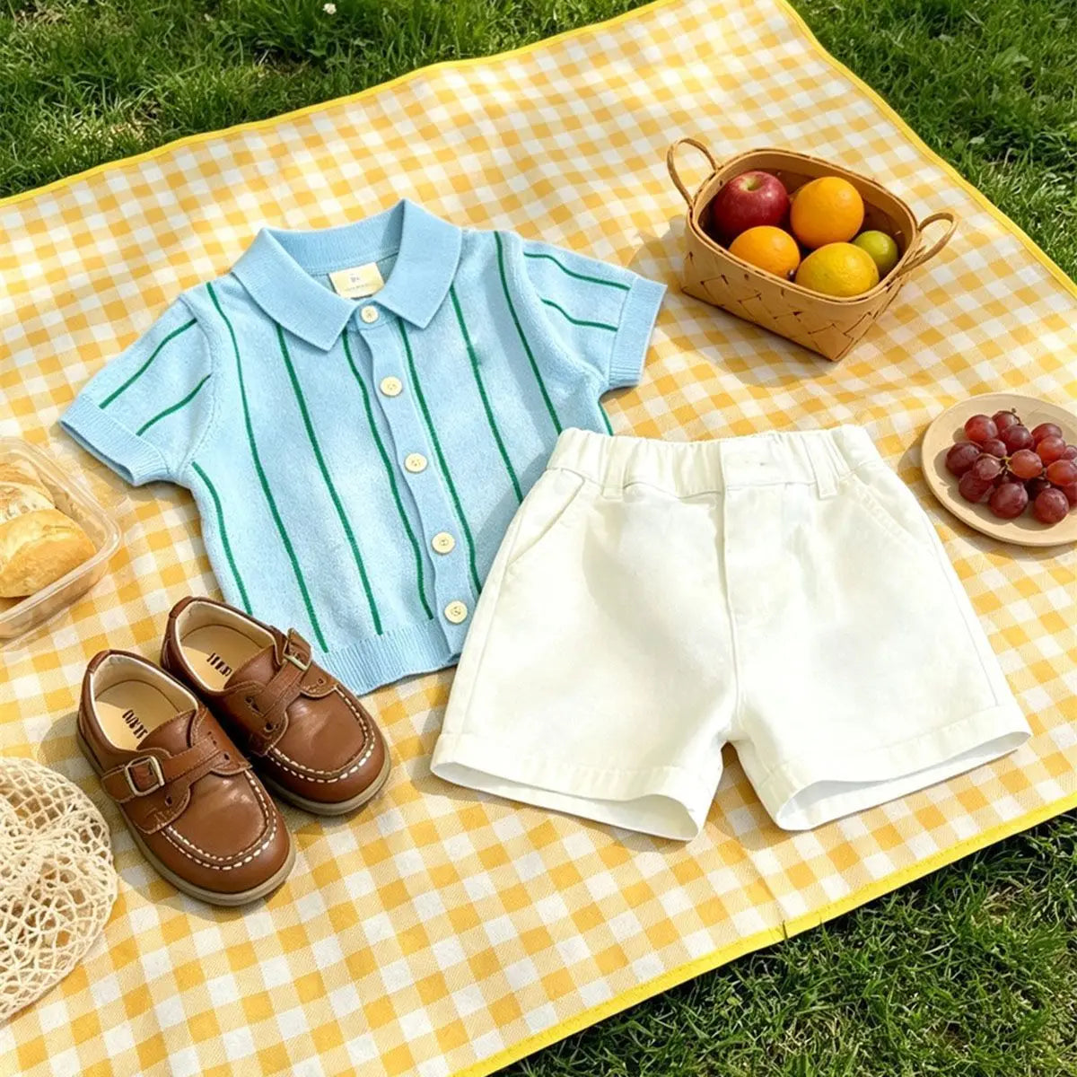 Sky Blue / 2T Boys Ice Silk Knit Striped Top & Shorts 2-Piece Set