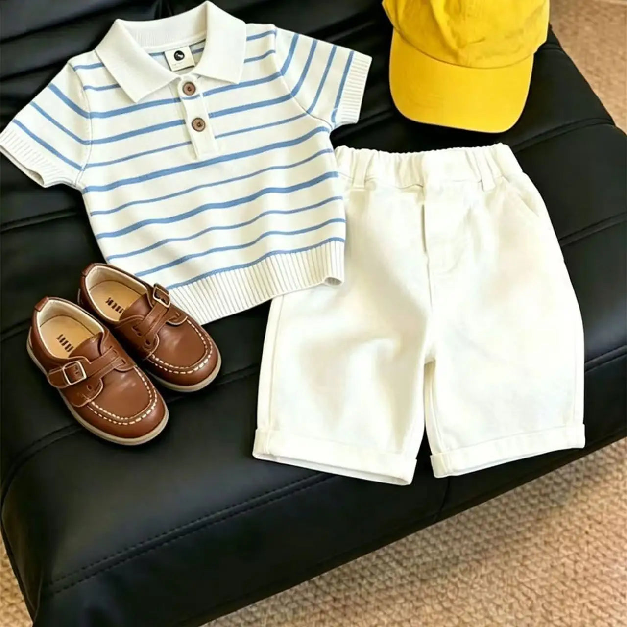 Boys Striped Knit Polo Shirt & Casual Shorts 2-Piece Set