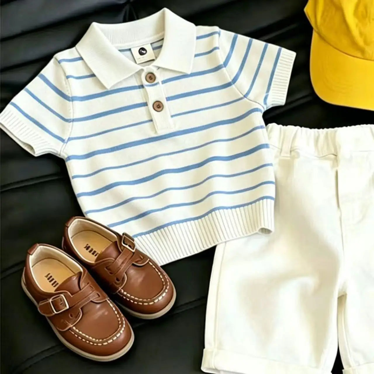 Boys Striped Knit Polo Shirt & Casual Shorts 2-Piece Set