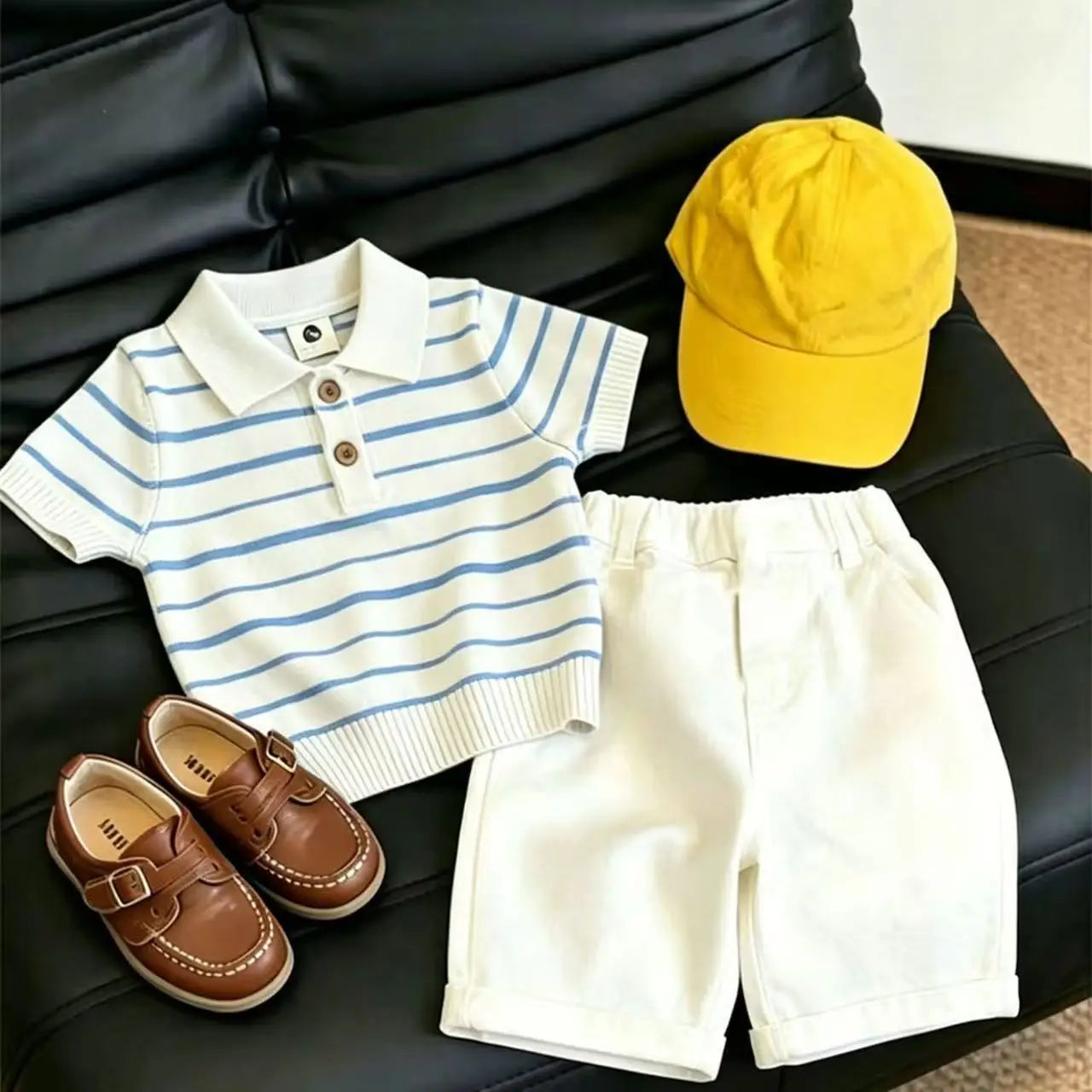 Boys Striped Knit Polo Shirt & Casual Shorts 2-Piece Set