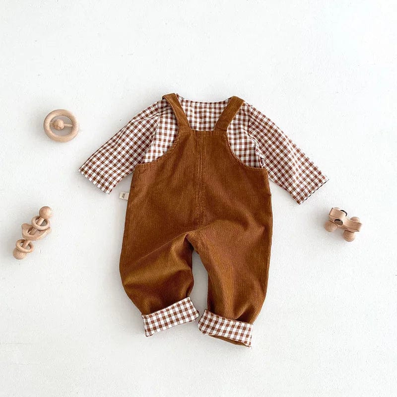 Brown Corduroy Overalls with Checkered Shirt