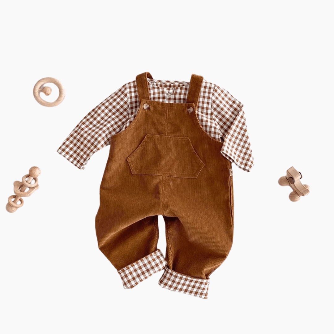 Brown Corduroy Overalls with Checkered Shirt