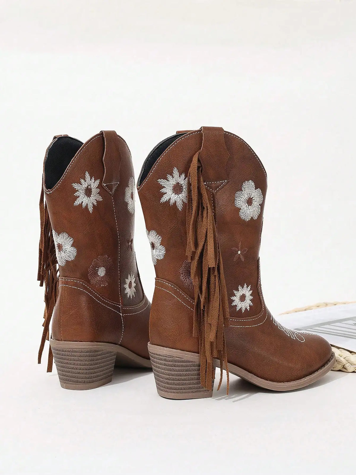 Brown Tassel Embroidered Boots