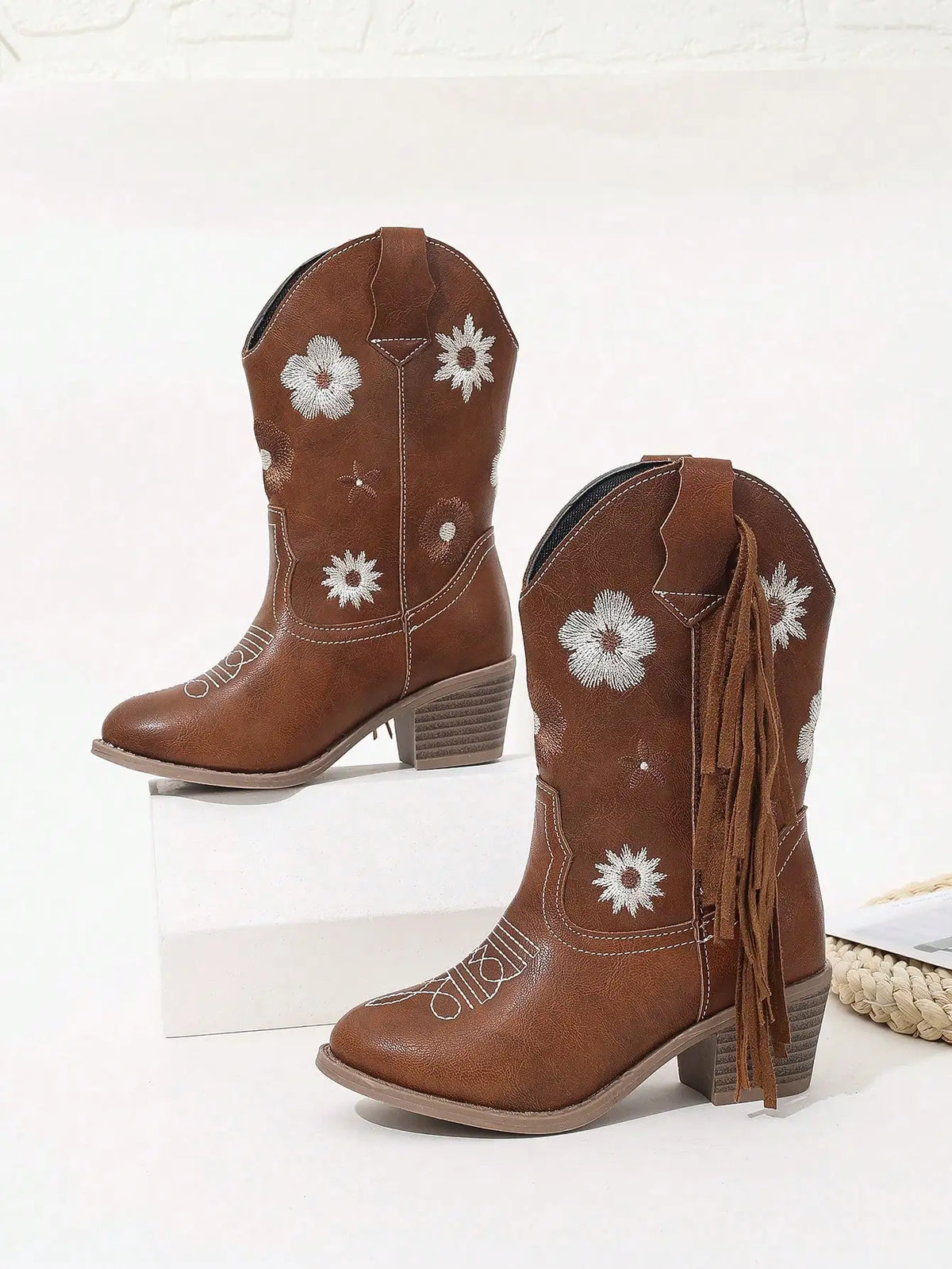 Brown Tassel Embroidered Boots