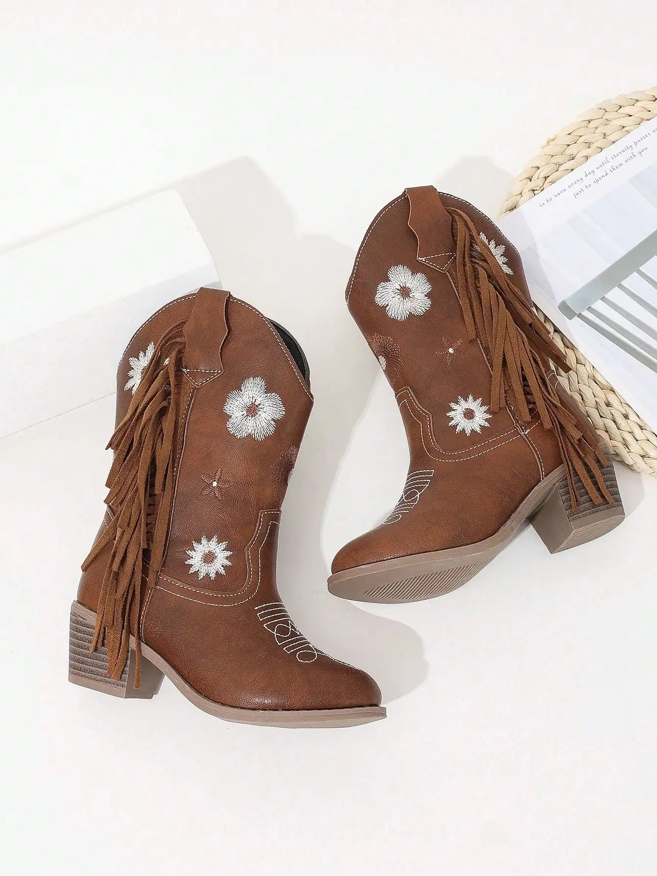Brown Tassel Embroidered Boots