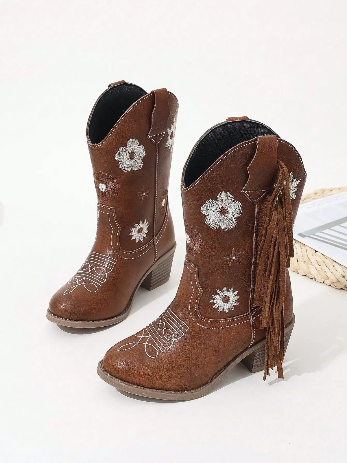 Brown Tassel Embroidered Boots