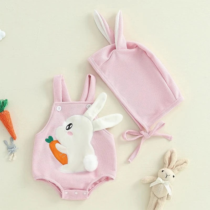 Bunny Embroidery Sleeveless Romper with Hat