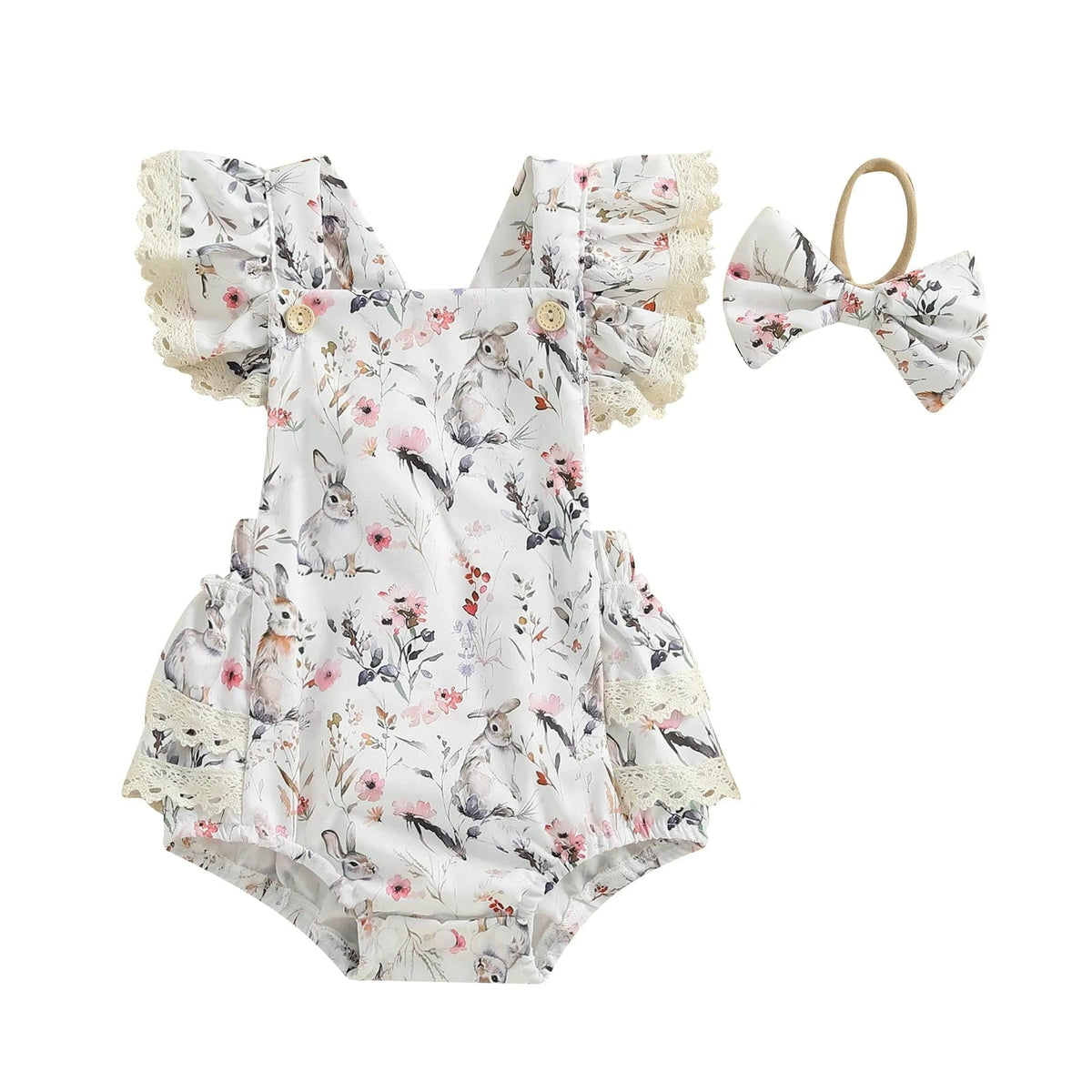 Beige / 0-3M Bunny Print Lace Bodysuit with Headband