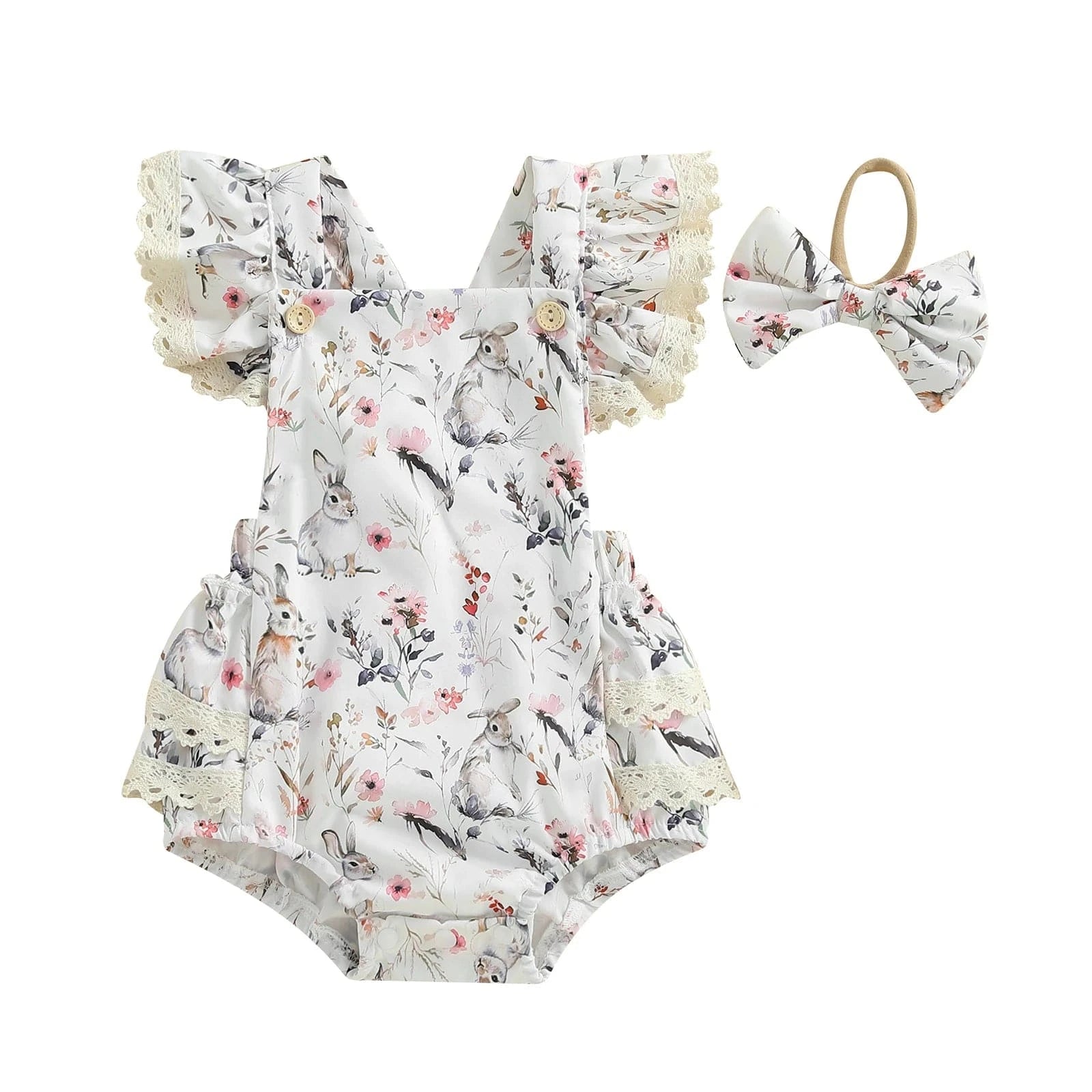 Beige / 0-3M Bunny Print Lace Bodysuit with Headband