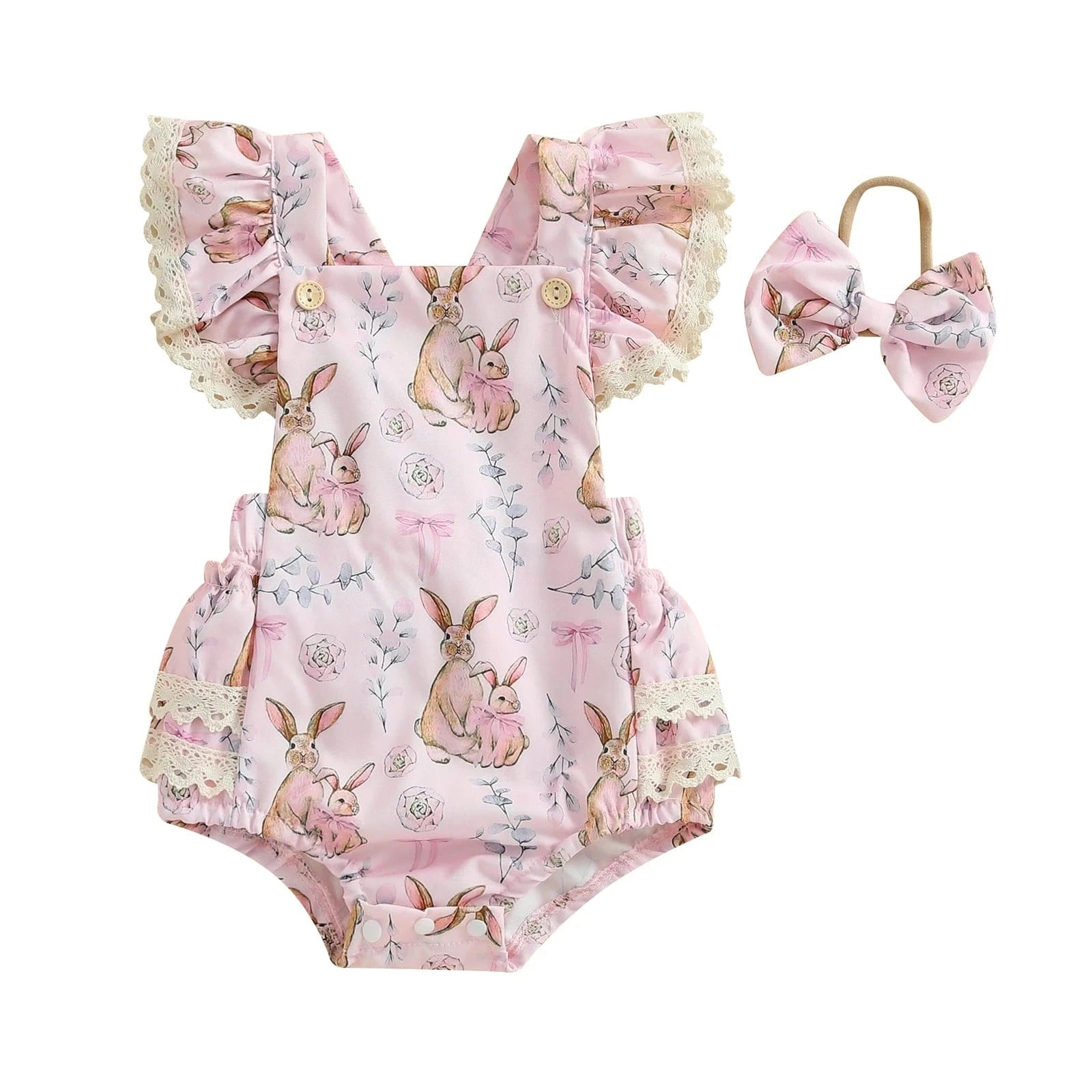 Pink / 0-3M Bunny Print Lace Bodysuit with Headband