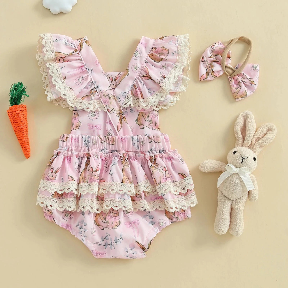 Bunny Print Lace Bodysuit with Headband