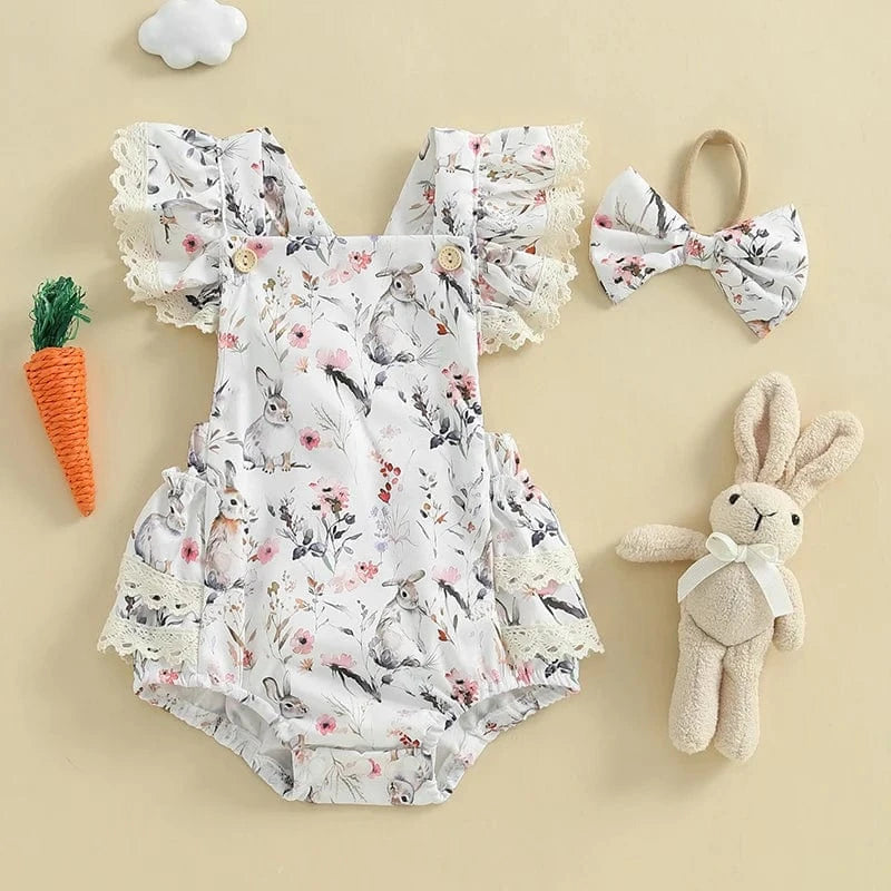 Bunny Print Lace Bodysuit with Headband