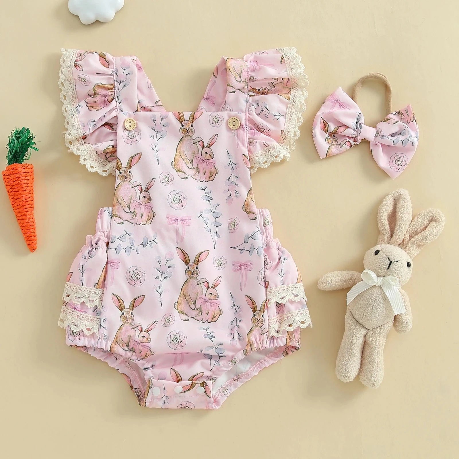 Bunny Print Lace Bodysuit with Headband