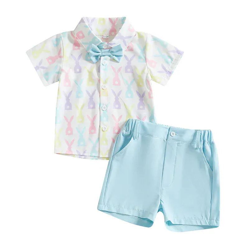 B / 6-12M Bunny Print Shirt and Bow Tie with Shorts