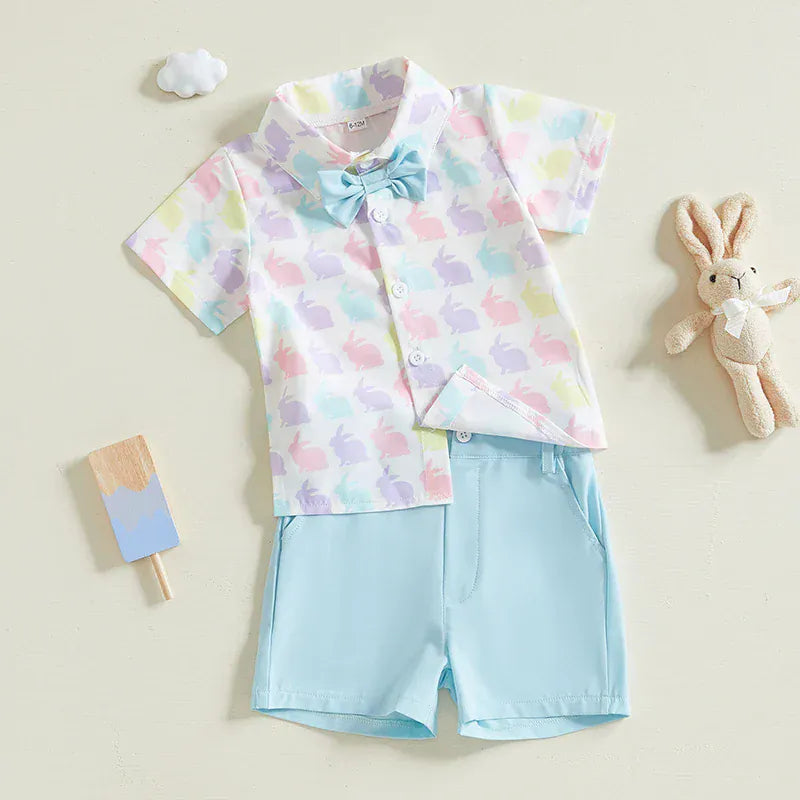 Bunny Print Shirt and Bow Tie with Shorts