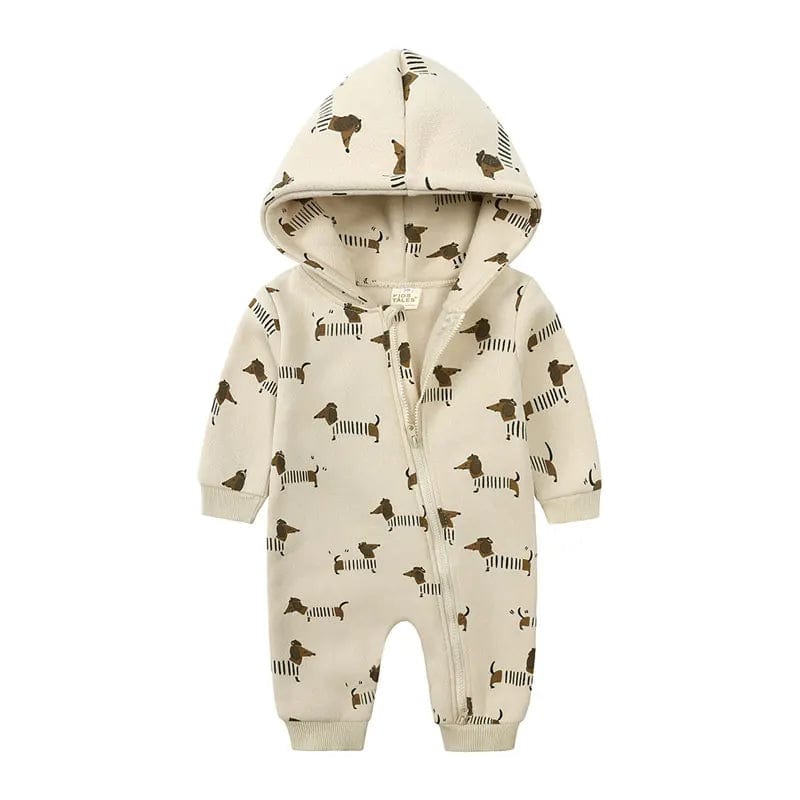 Khaki / 9M Cartoon Print Hooded Baby Onesie