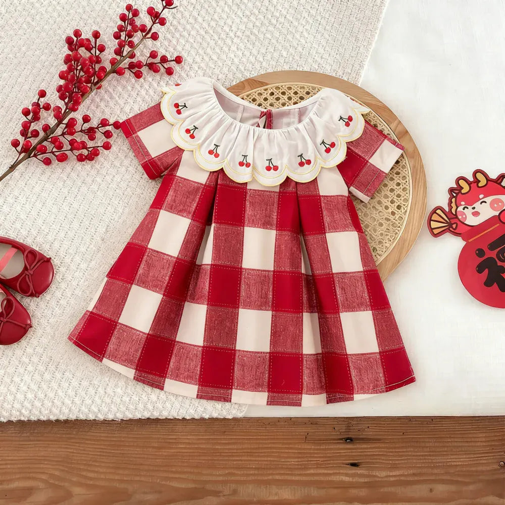 Checkered Dress with Lace Collar