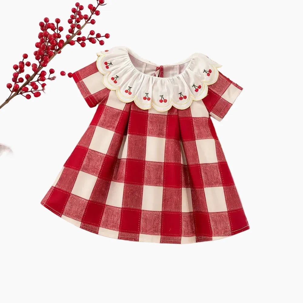 chinese dress ladies Checkered Dress with Lace Collar, Red / 12-18M