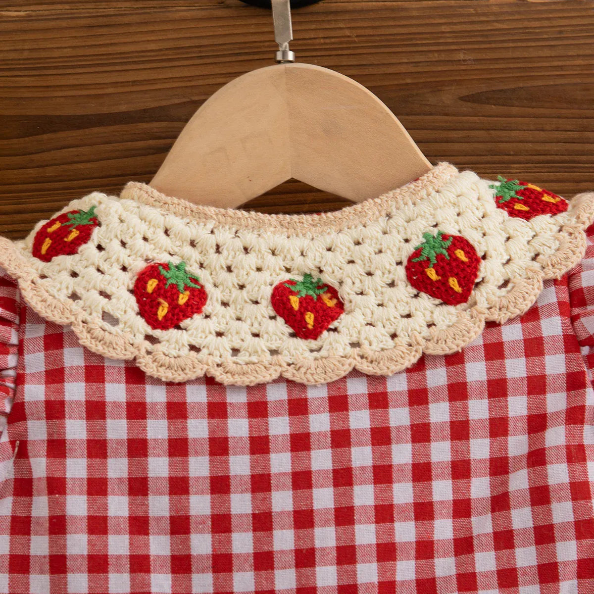 Checkered Dress with Strawberry Crochet Collar, Red / 3-4t