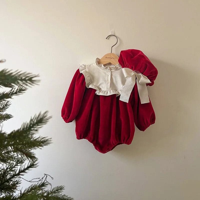 red / 6M Christmas Long Sleeve Romper With Cap