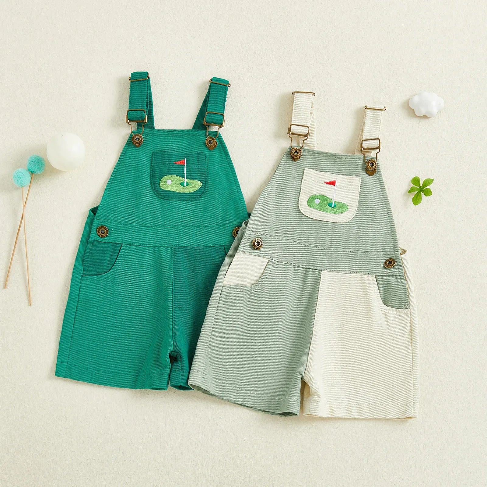 Contrast Color Golf Embroidered Toddler Overalls