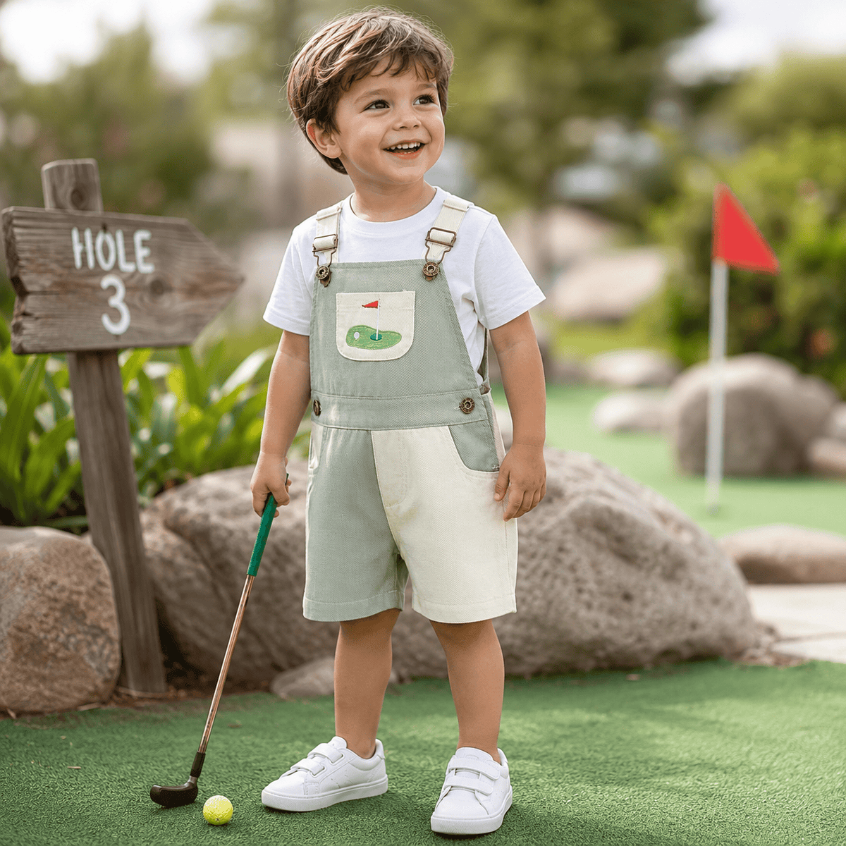 Contrast Color Golf Embroidered Toddler Overalls