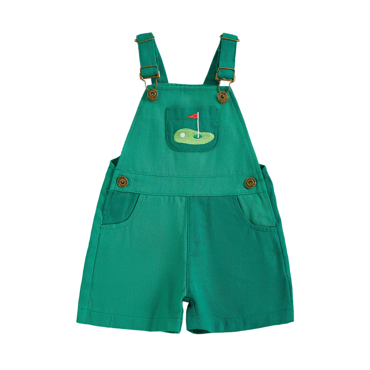 Emerald Green / 12M Contrast Color Golf Embroidered Toddler Overalls