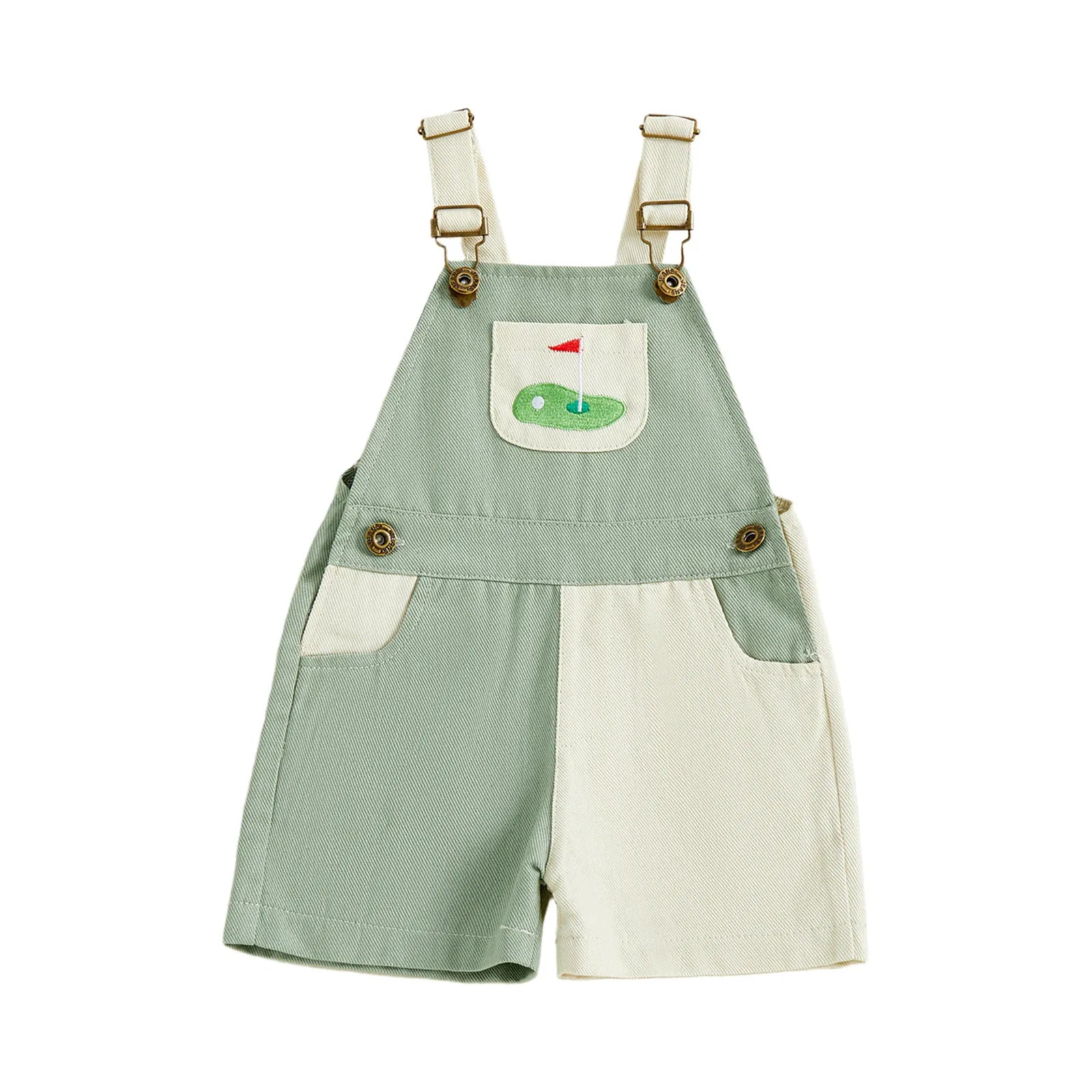 Sage Green / 12M Contrast Color Golf Embroidered Toddler Overalls