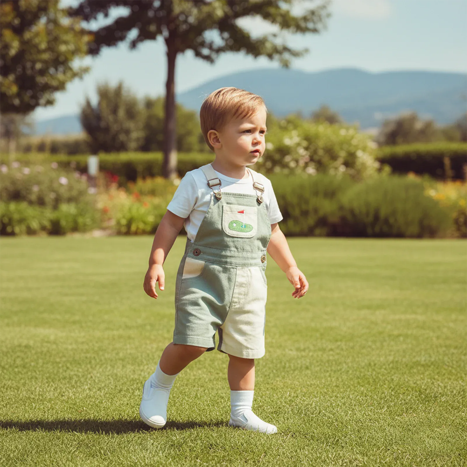 Contrast Color Golf Embroidered Toddler Overalls