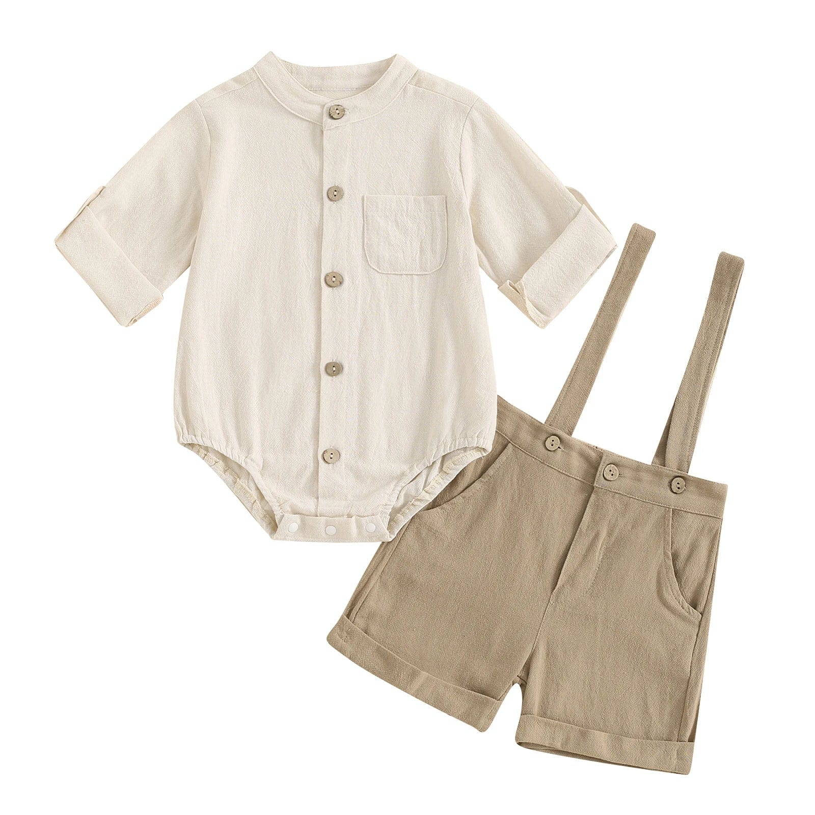 Outfit / 6-12M Cotton Linen Bodysuit with Suspender Shorts