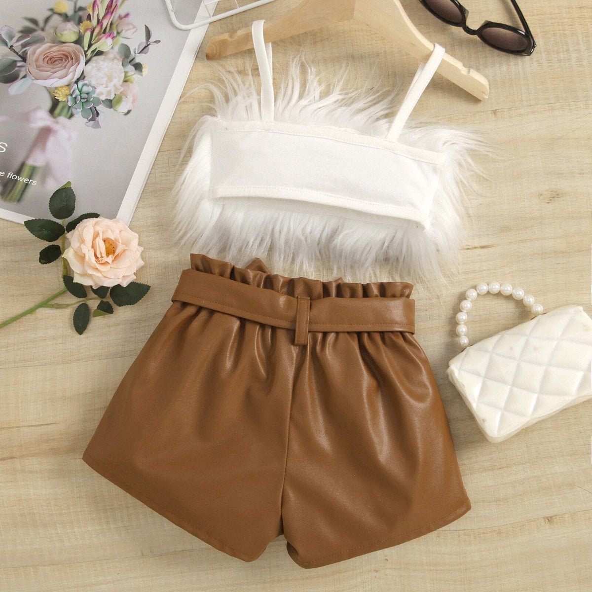 Crop Tops+PU Leather Belt Shorts