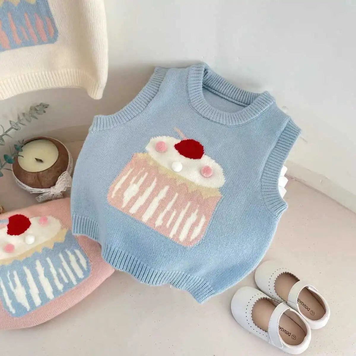 Sky Blue / 12M Cupcake Design Knitted Sweater Vest